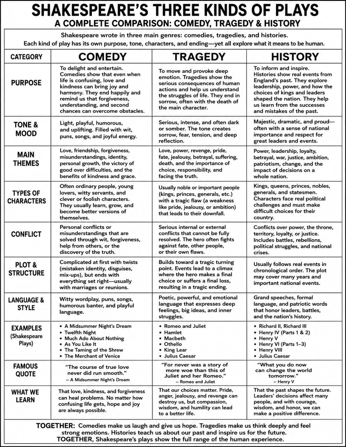 Shakespeare's Three Kinds of Plays overview chart